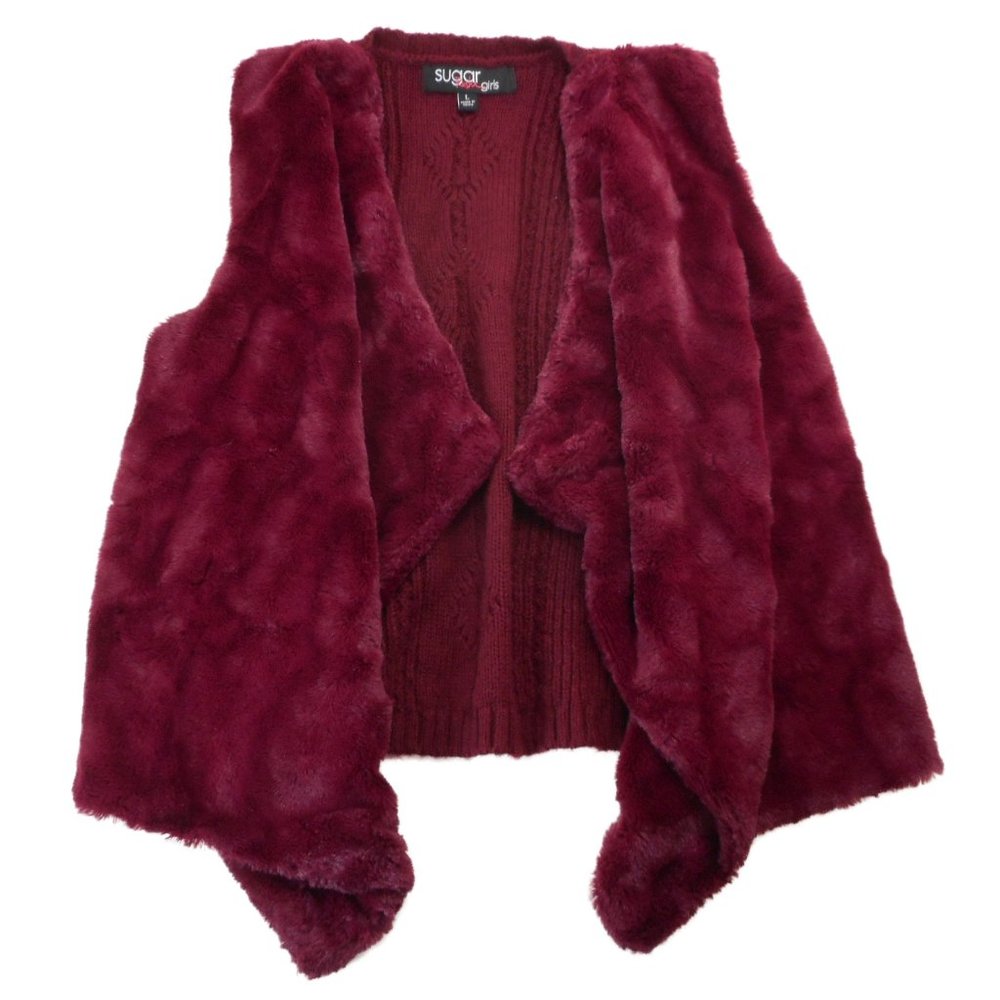 Sugar Rush Girls size L Faux Fur Soft Vest Cable Knit Back Cardigan Burgundy